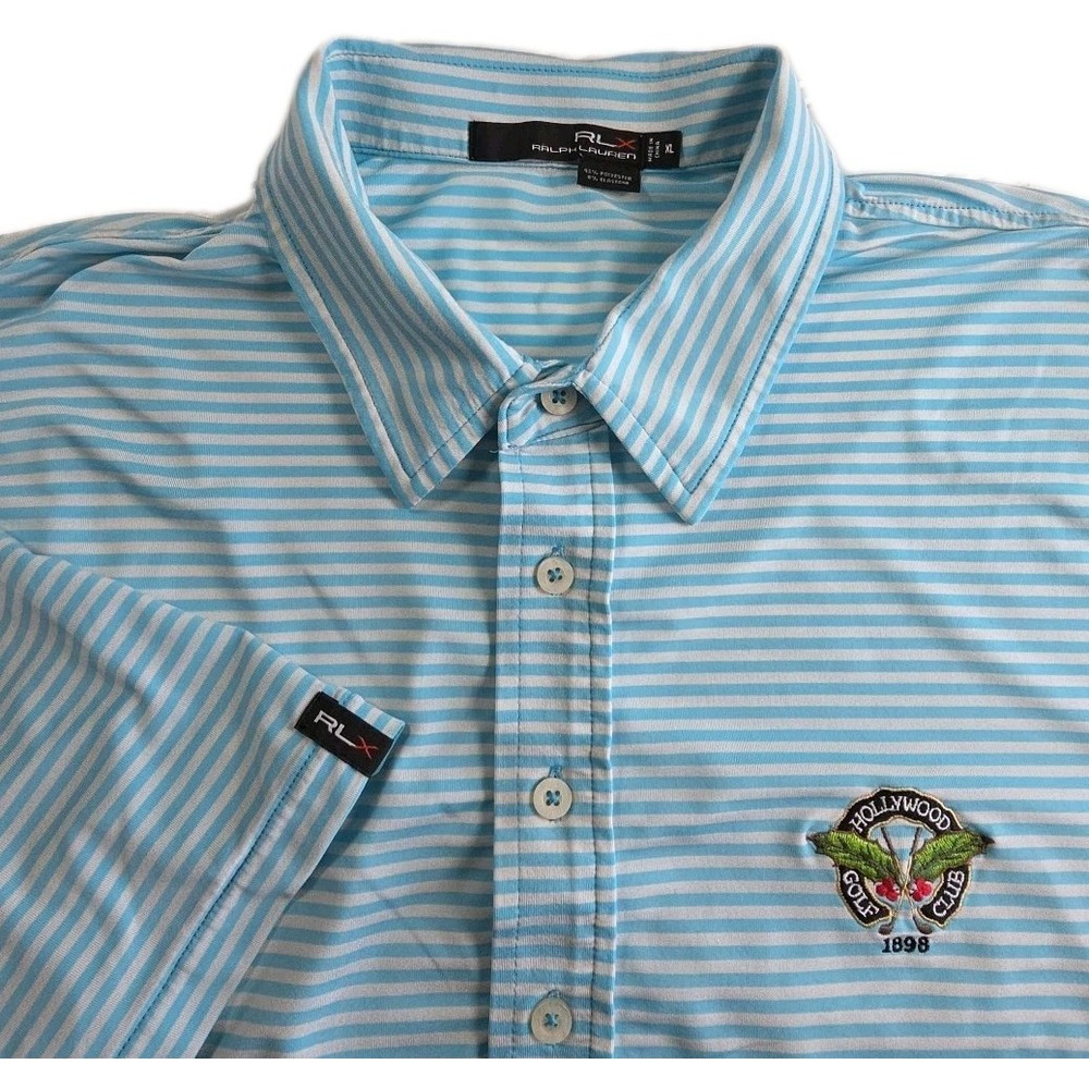 RLX Ralph Lauren Blue White Stripe Performance Polo Golf XL HOLLYWOOD GOLF CLUB